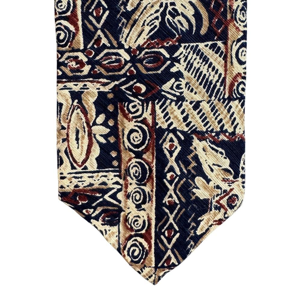 Geoffrey Beene Mens Silk Tie Navy Blue Tan Geometric Abstract Italian Fabric USA